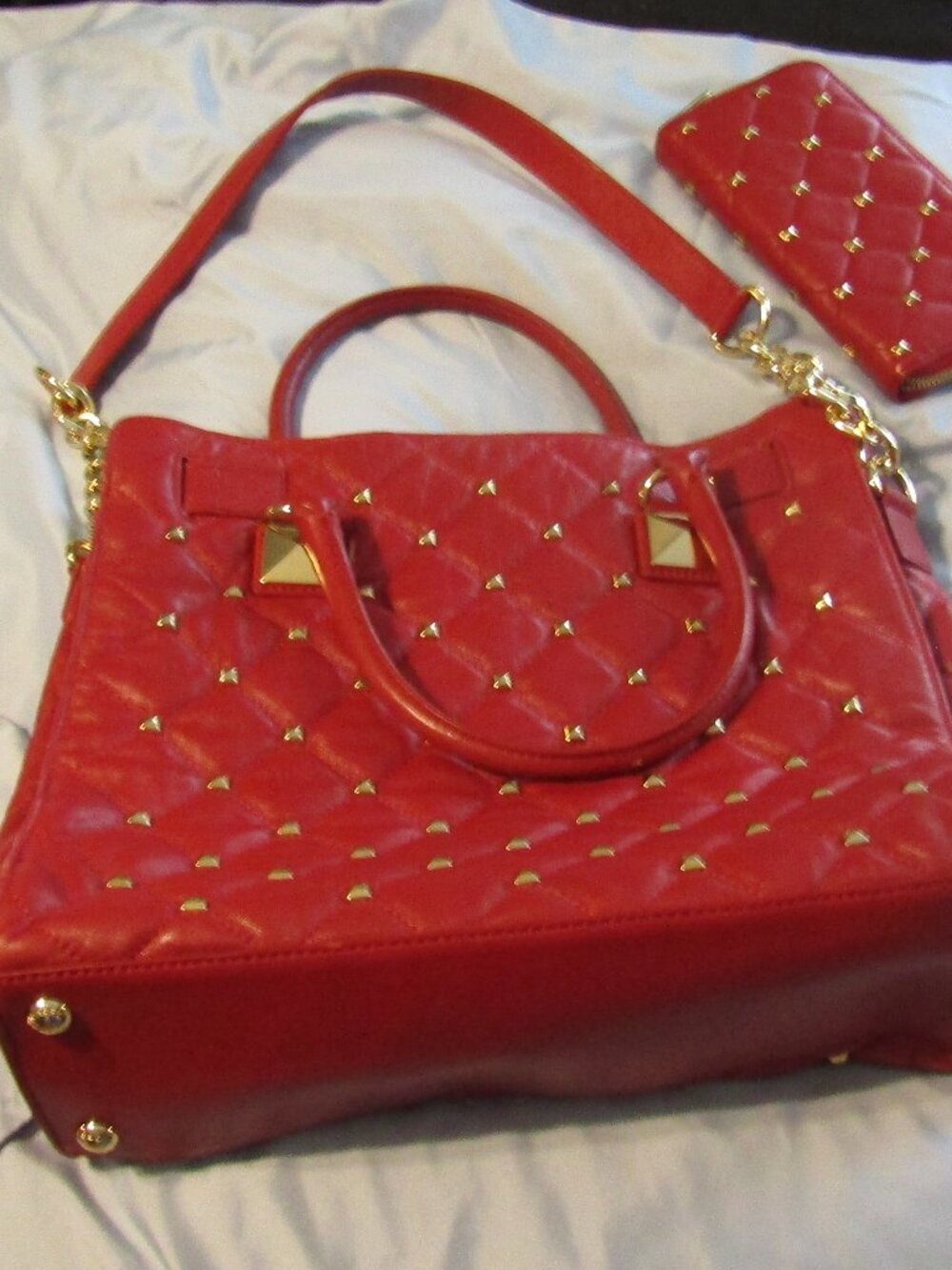 MICHAEL KORS HAMILTON Red Quilted Leather Stud Tote Bag Satchel WALLET KEY/LOCK